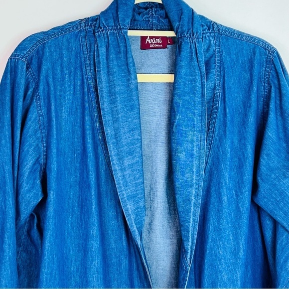 CHAMBRAY DENIM LONG JACKET PATCH POCKETS ROLL TAB SLEEVES SIZE LARGE EUC - Picture 2 of 8